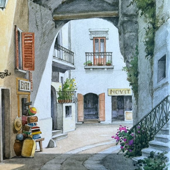 VINTAGE (1970s) MARIO CUPPA SIGNED "SORENTO" WATERCOLOR (EUC) - Picture 4 of 9